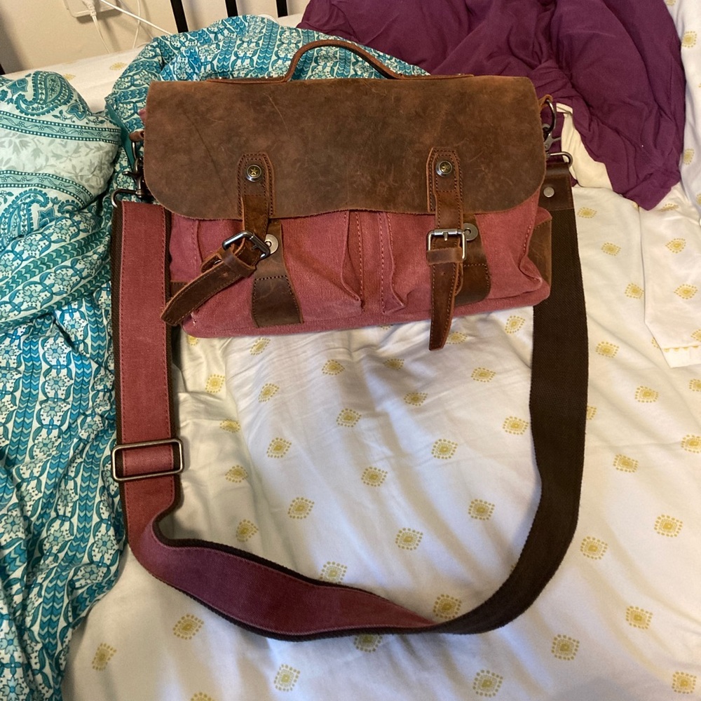 Genuine leather and canvas cross body bag